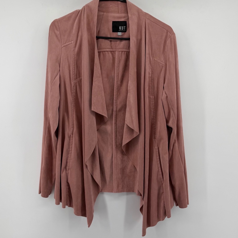 KUT from the Kloth Jacket Womens Medium Pink Faux Suede Draped Waterfall Open